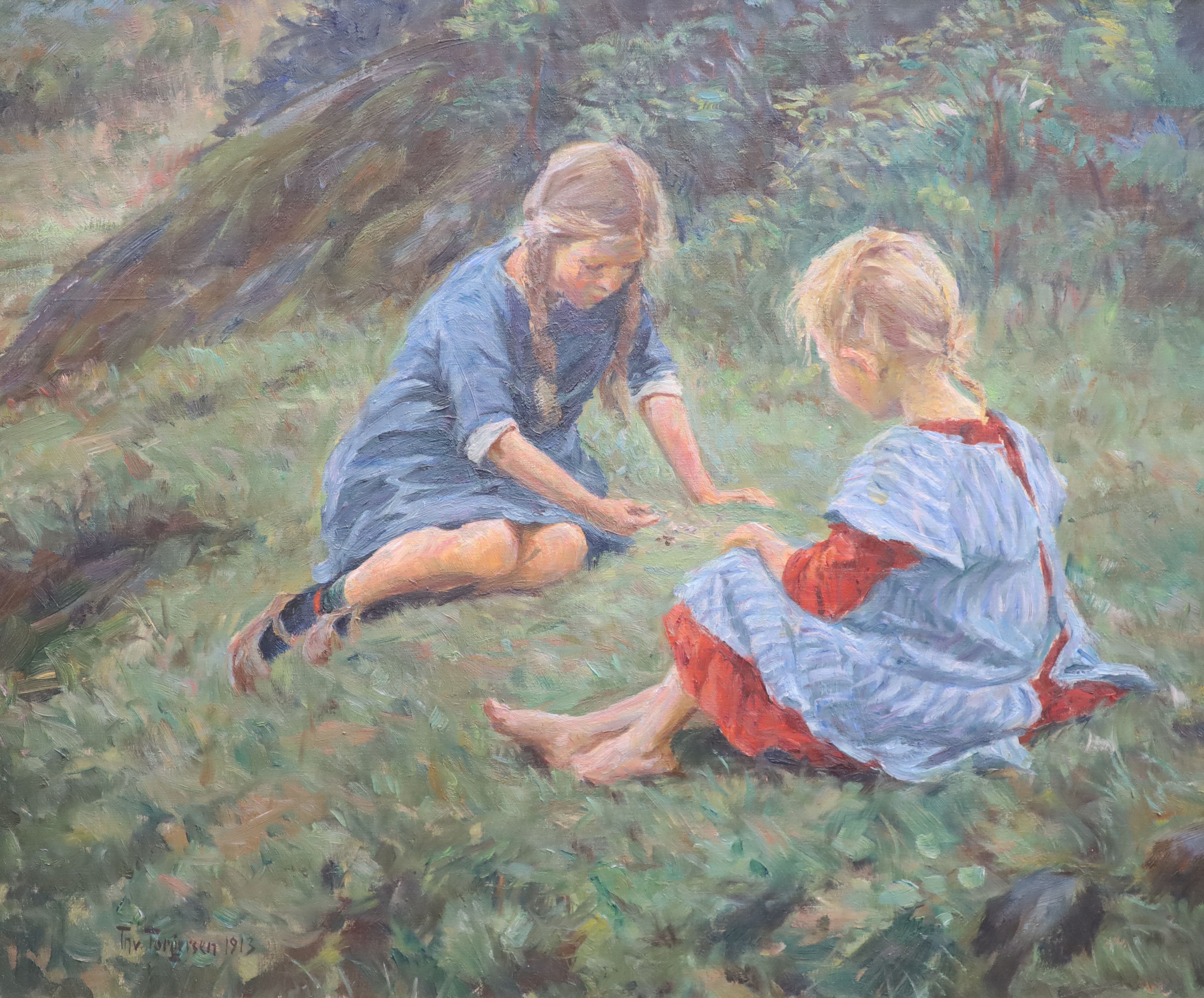 Thorvald Hagbart Torgersen (1862-1943) Girls playing upon a grassy bank 19.5 x 23.75in.